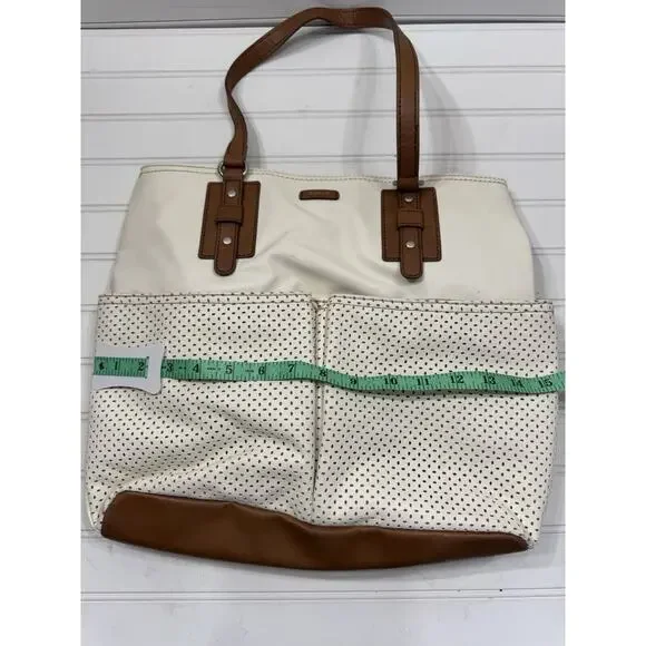RELIC Shoulder Bag Tote Handbag Ivory Faux Leather with Brown Trim Double Handle - Picture 7 of 7